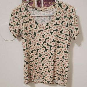 Uniqlo Floral Short Sleeve Top - Cream and Red